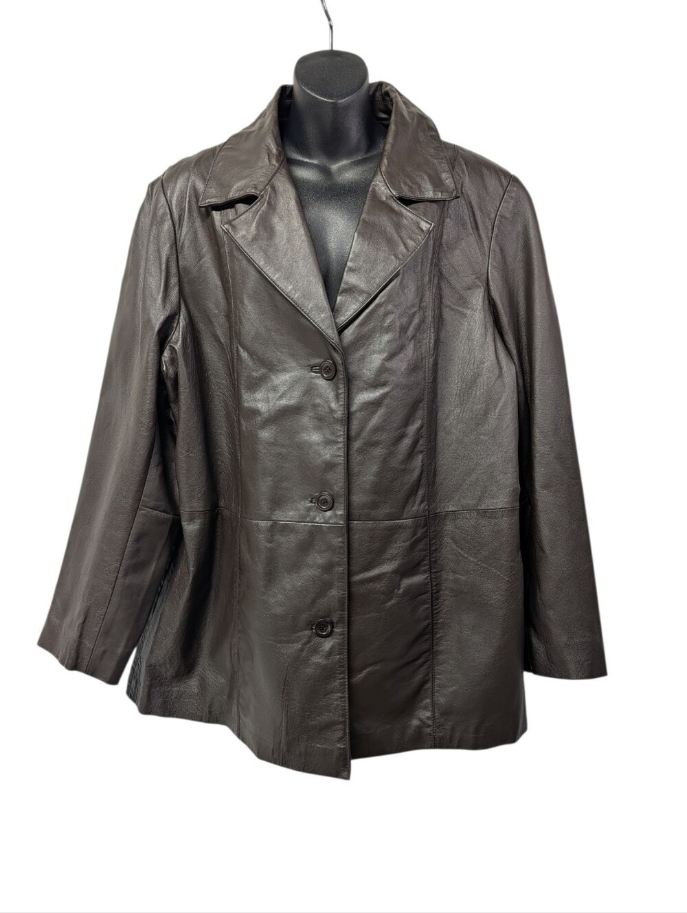 Dialogue Womens Brown Genuine Leather Button Front Collared Lined Jacket Plus 1X